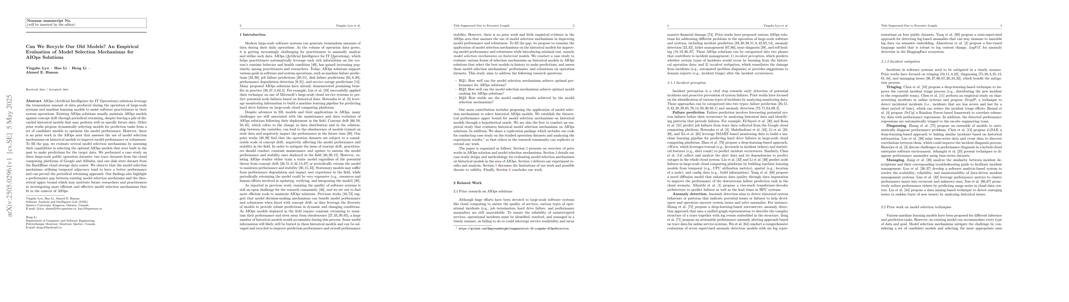 Thumbnail for Can We Recycle Our Old Models? An Empirical Evaluation of Model
  Selection Mechanisms for AIOps Solutions