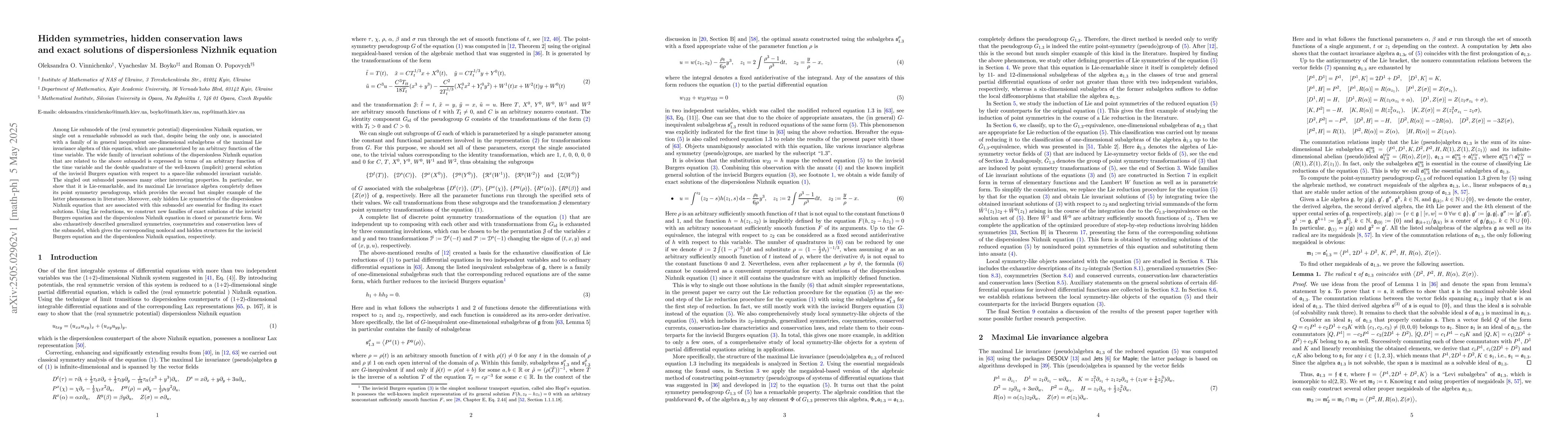 Thumbnail for Hidden symmetries, hidden conservation laws and exact solutions of
  dispersionless Nizhnik equation