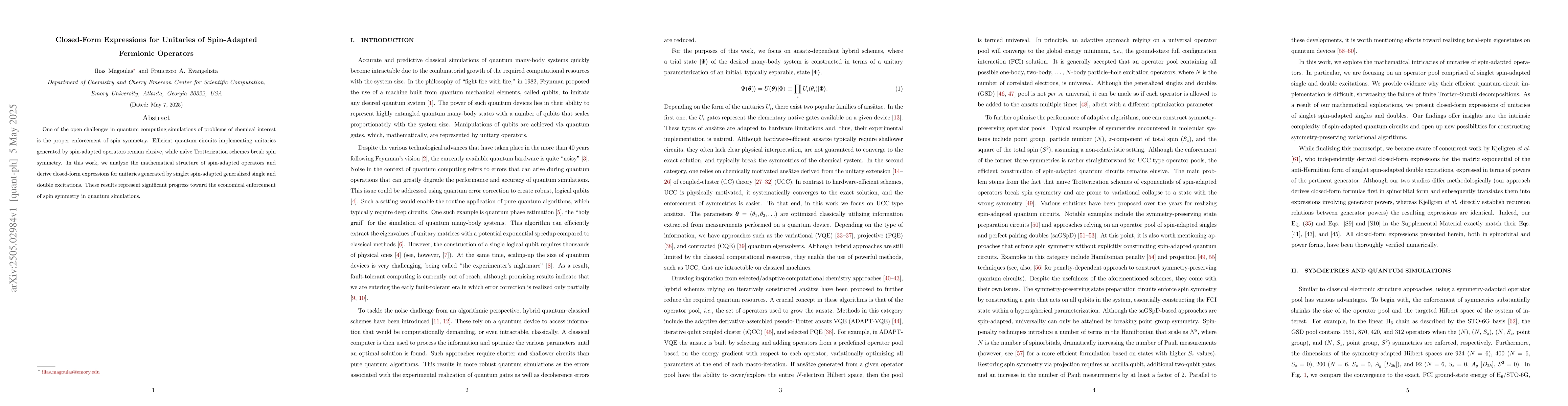 Thumbnail for Closed-Form Expressions for Unitaries of Spin-Adapted Fermionic
  Operators