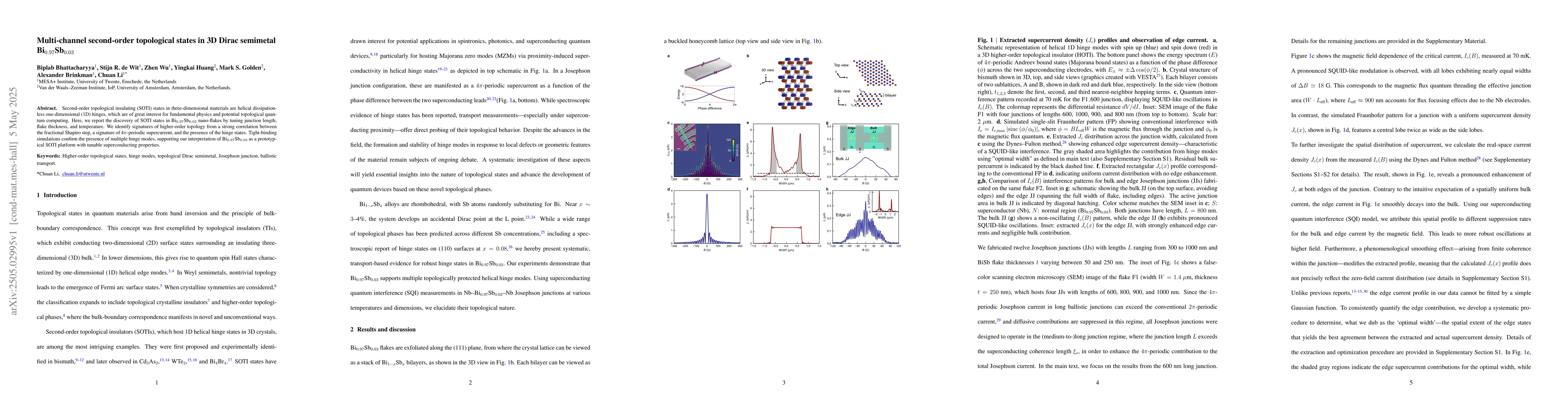 Thumbnail for Multi-channel second-order topological states in 3D Dirac semimetal
  Bi$_{0.97}$Sb$_{0.03}$