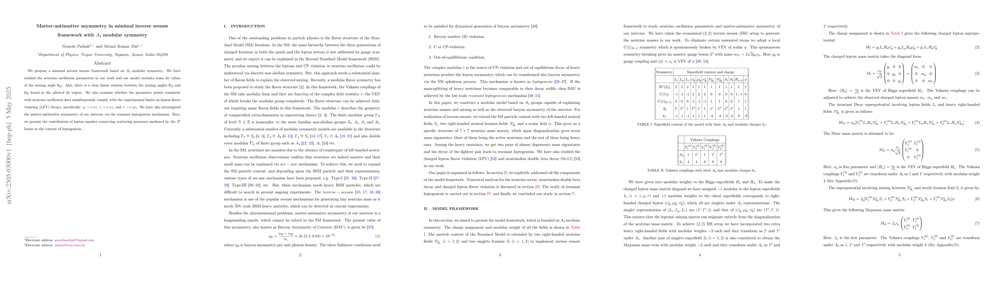 Thumbnail for Matter-antimatter asymmetry in minimal inverse seesaw framework with
  $A_4$ modular symmetry
