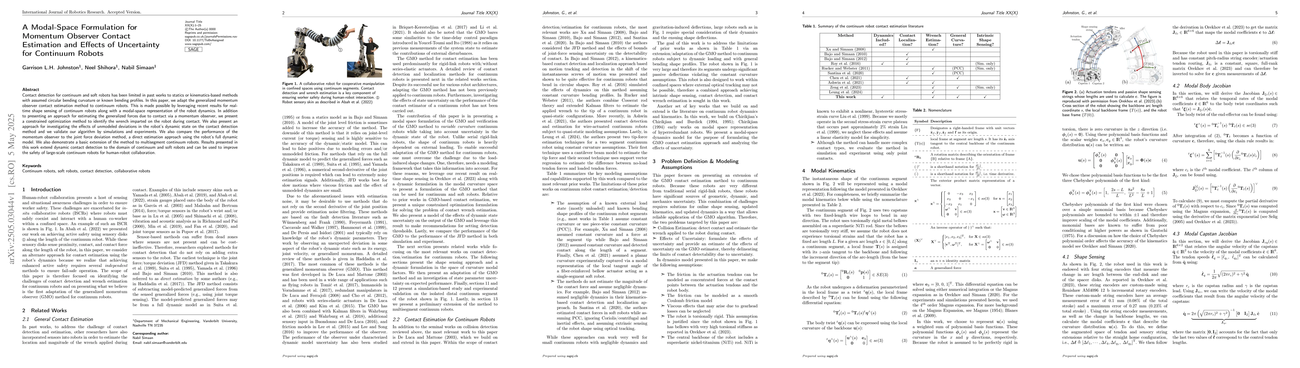 Thumbnail for A Modal-Space Formulation for Momentum Observer Contact Estimation and
  Effects of Uncertainty for Continuum Robots