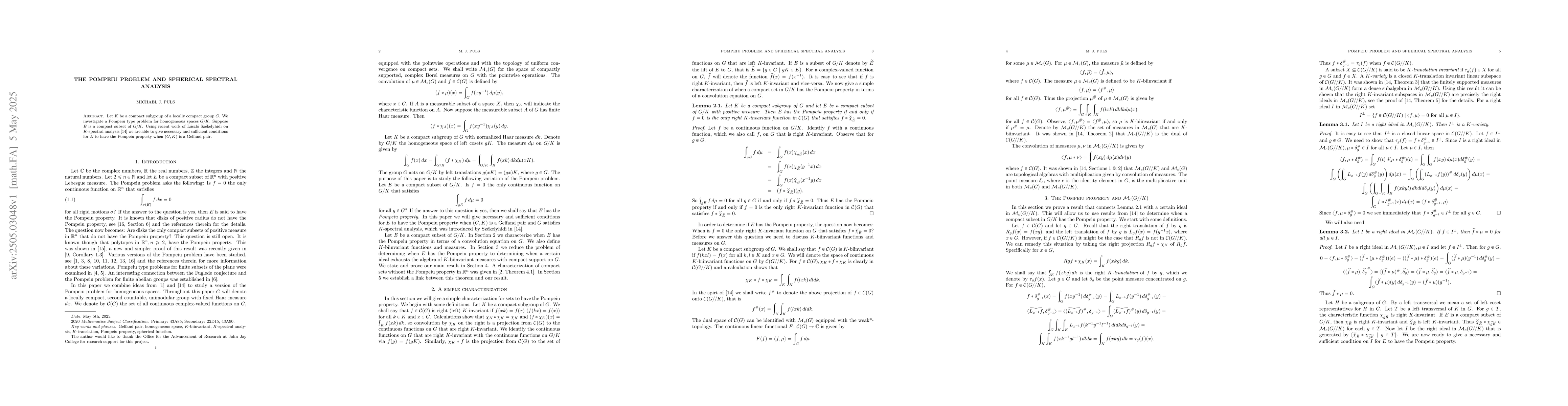 Thumbnail for The Pompeiu problem and spherical spectral analysis