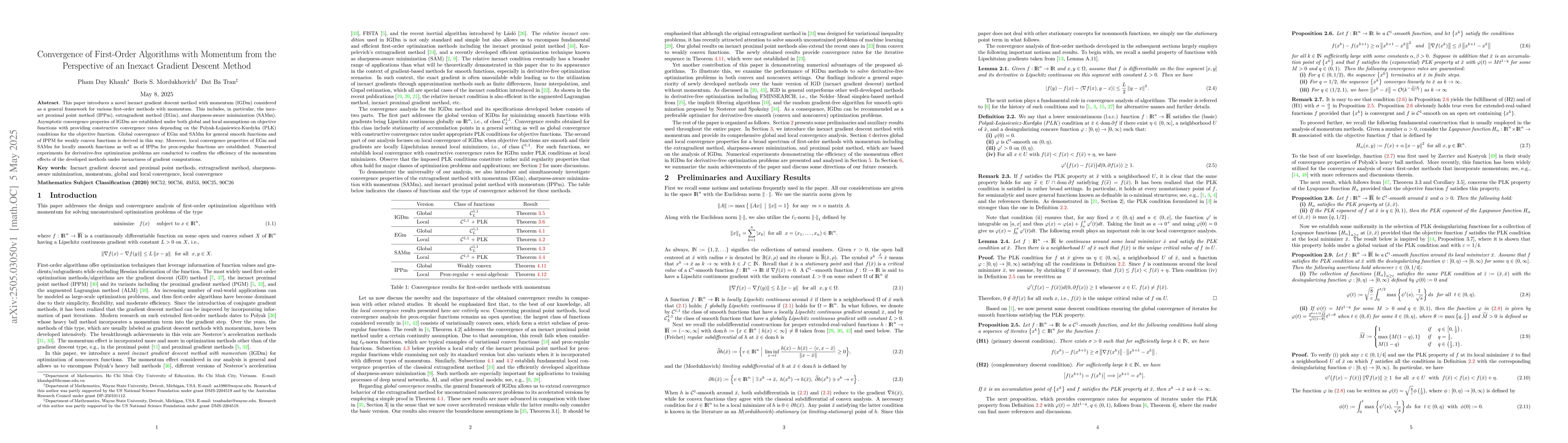 Thumbnail for Convergence of First-Order Algorithms with Momentum from the Perspective
  of an Inexact Gradient Descent Method