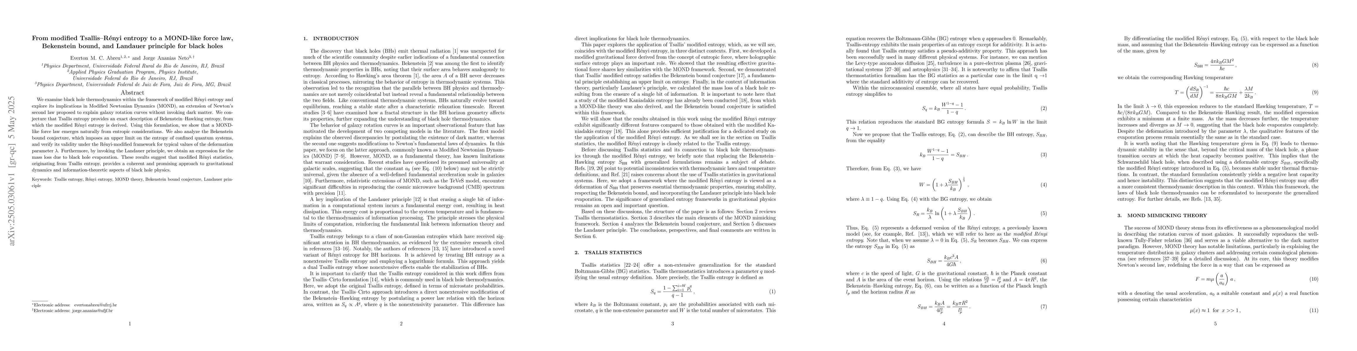 Thumbnail for From modified Tsallis-Renyi entropy to a MOND-like force law, Bekenstein
  bound, and Landauer principle for black holes