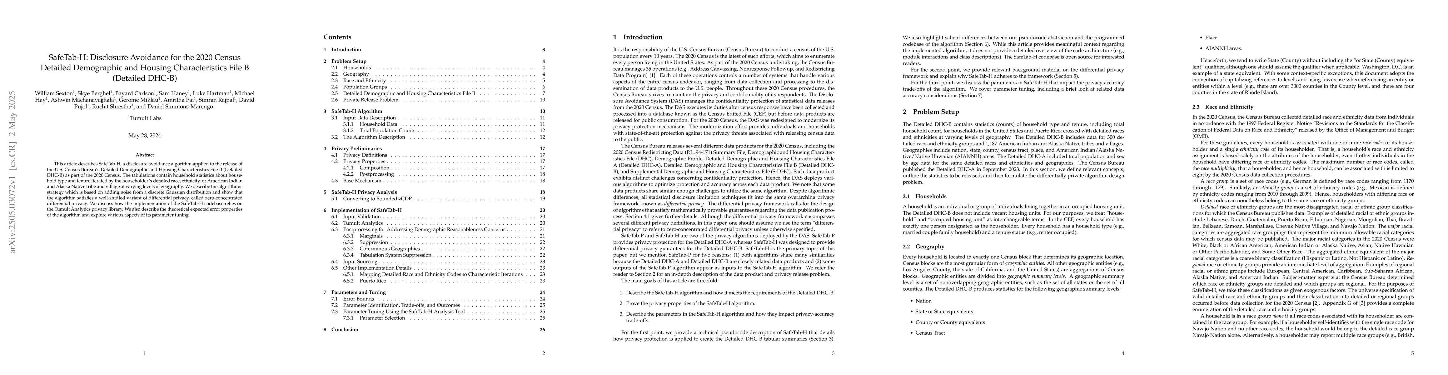 Thumbnail for SafeTab-H: Disclosure Avoidance for the 2020 Census Detailed Demographic
  and Housing Characteristics File B (Detailed DHC-B)
