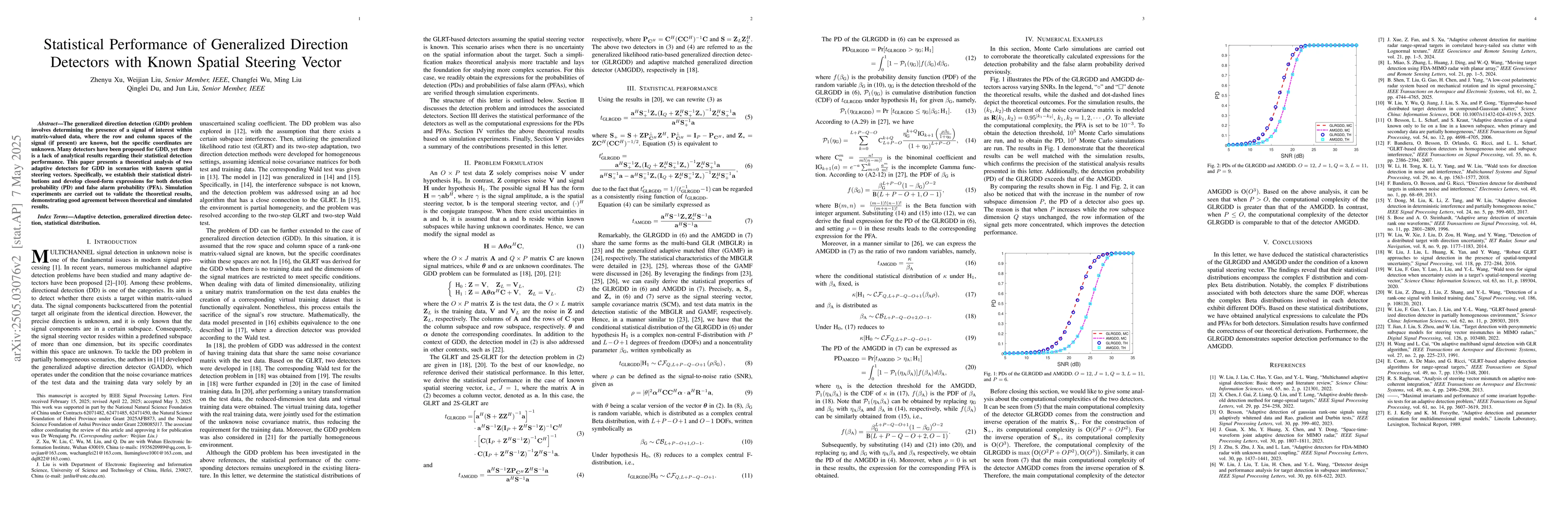 Thumbnail for Statistical Performance of Generalized Direction Detectors with Known
  Spatial Steering Vector