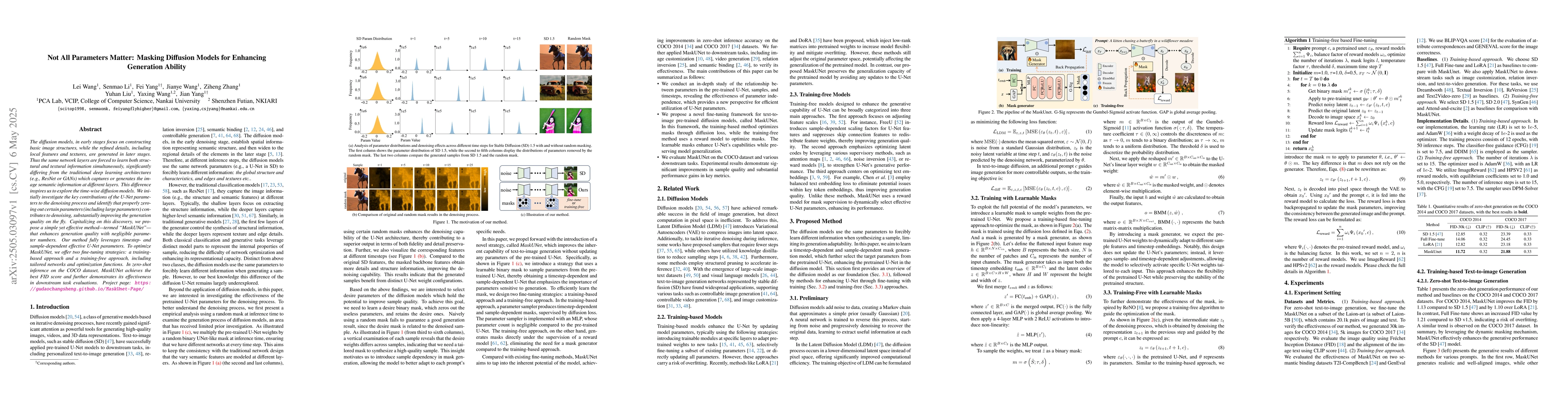 Thumbnail for Not All Parameters Matter: Masking Diffusion Models for Enhancing
  Generation Ability