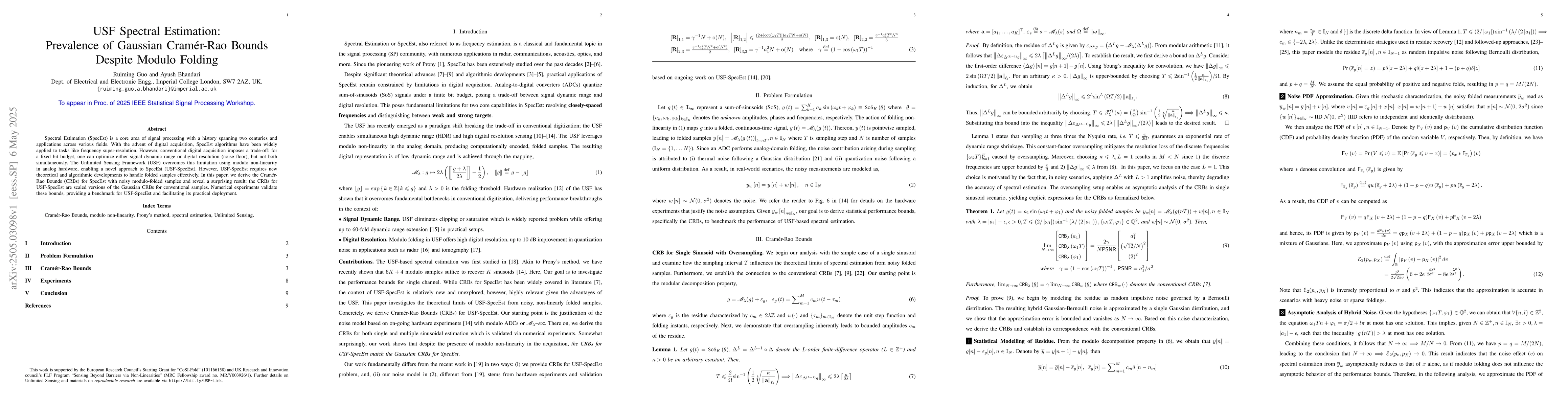 Thumbnail for USF Spectral Estimation: Prevalence of Gaussian Cramér-Rao Bounds
  Despite Modulo Folding