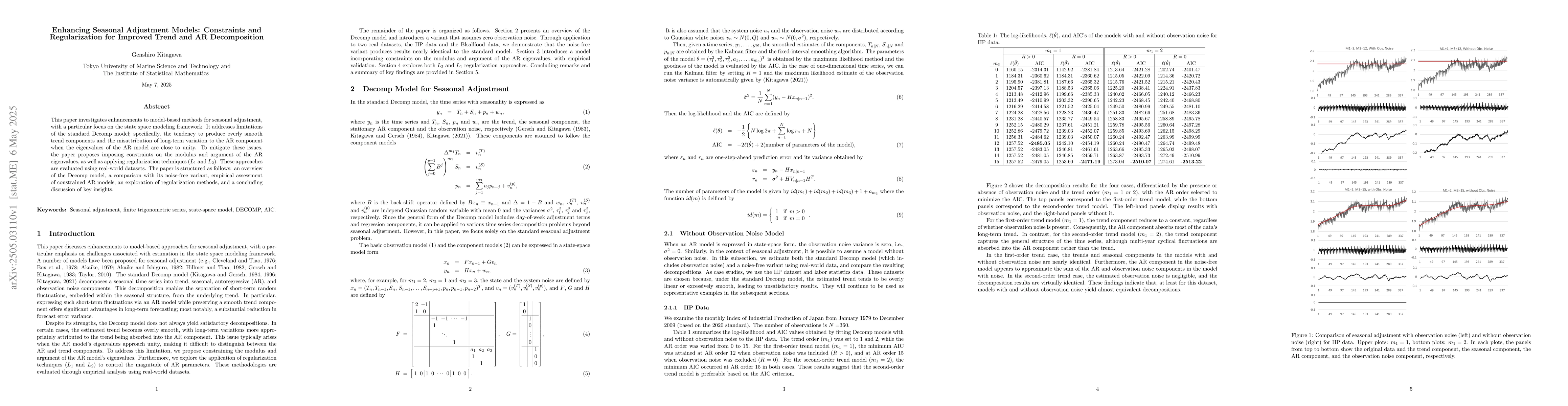 Thumbnail for Enhancing Seasonal Adjustment Space Models: Constraints and
  Regularization for Improved Trend and AR Decomposition