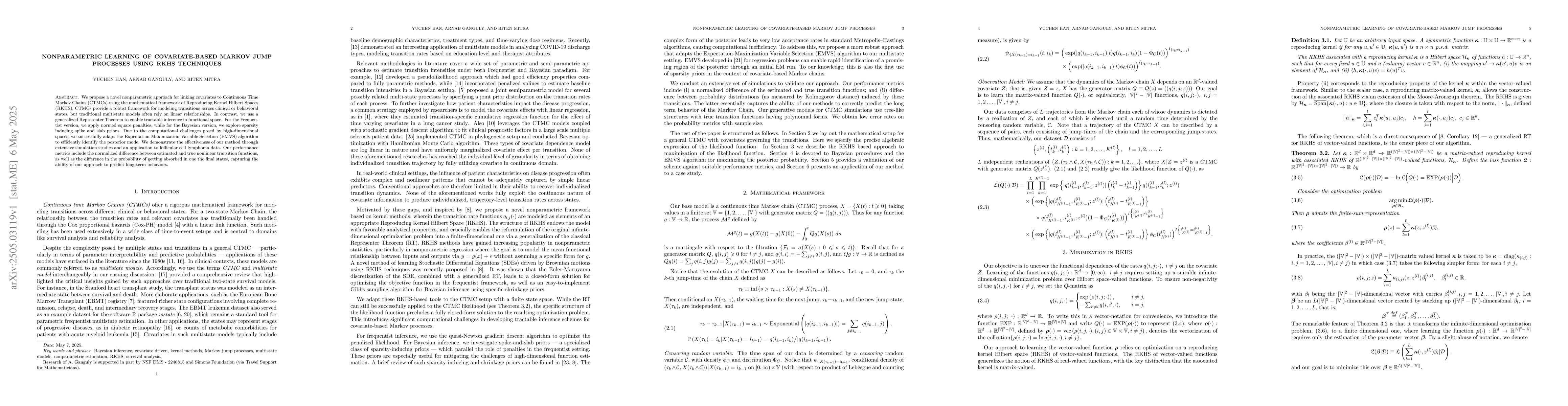 Thumbnail for Nonparametric learning of covariate-based Markov jump processes using
  RKHS techniques
