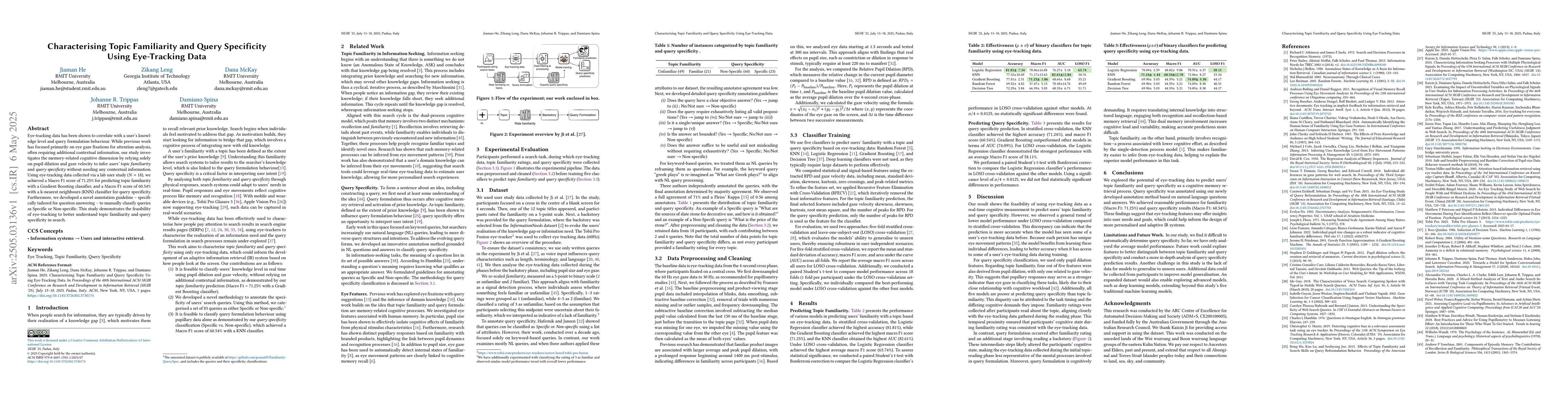 Thumbnail for Characterising Topic Familiarity and Query Specificity Using
  Eye-Tracking Data