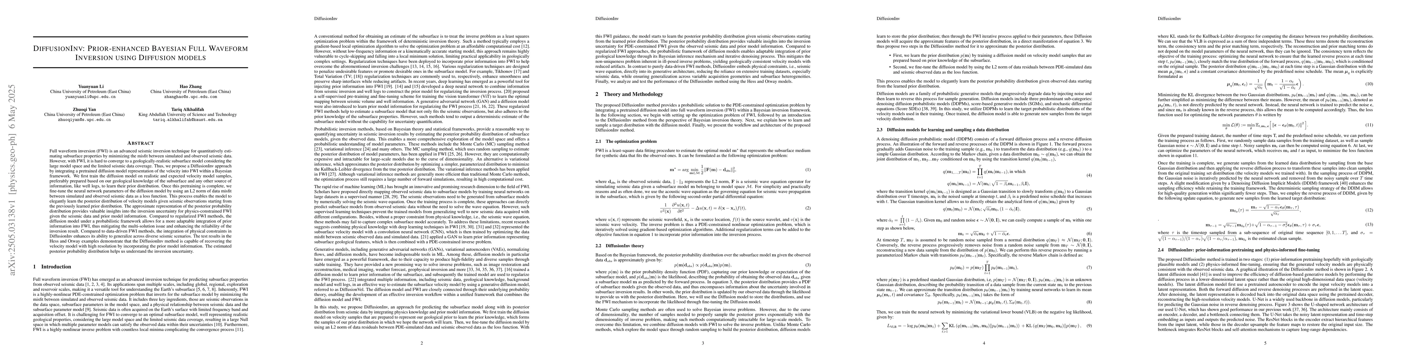 Thumbnail for DiffusionInv: Prior-enhanced Bayesian Full Waveform Inversion using
  Diffusion models
