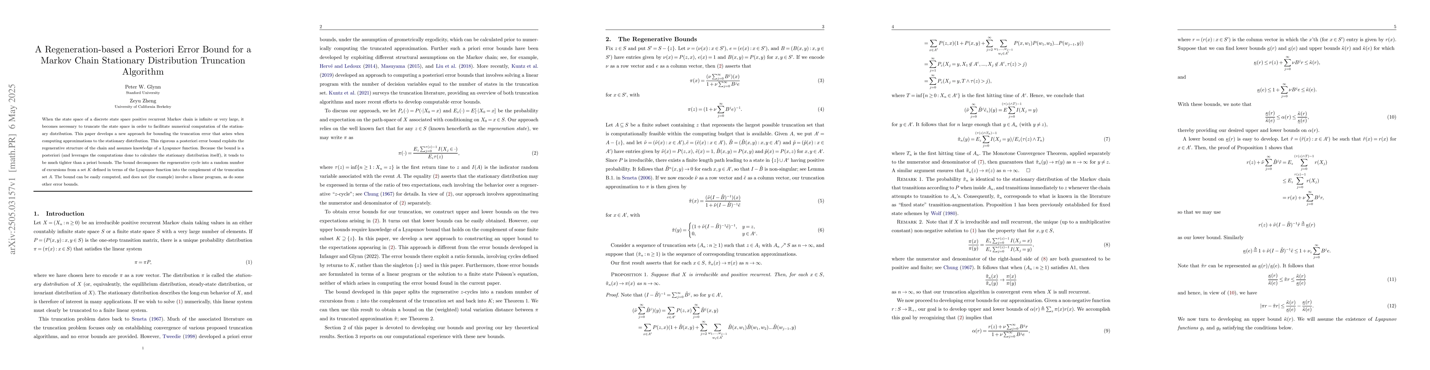 Thumbnail for A Regeneration-based a Posteriori Error Bound for a Markov Chain
  Stationary Distribution Truncation Algorithm