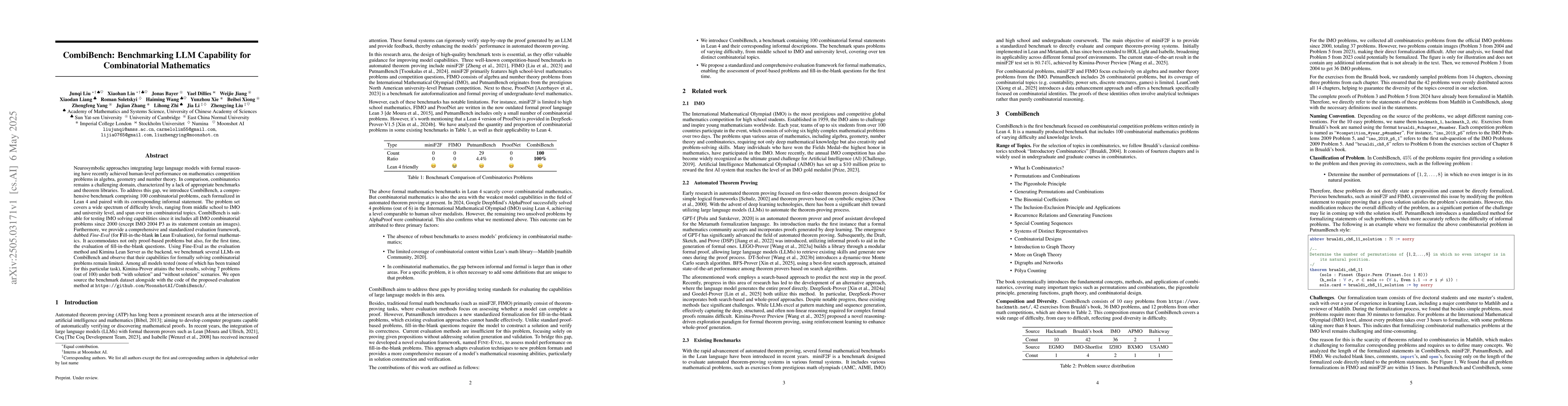 Thumbnail for CombiBench: Benchmarking LLM Capability for Combinatorial Mathematics