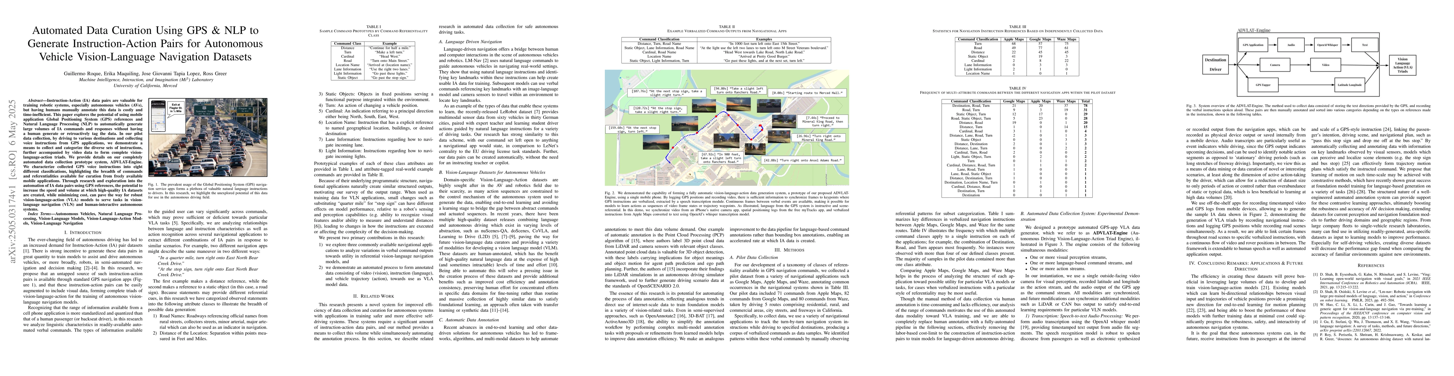 Thumbnail for Automated Data Curation Using GPS & NLP to Generate Instruction-Action
  Pairs for Autonomous Vehicle Vision-Language Navigation Datasets