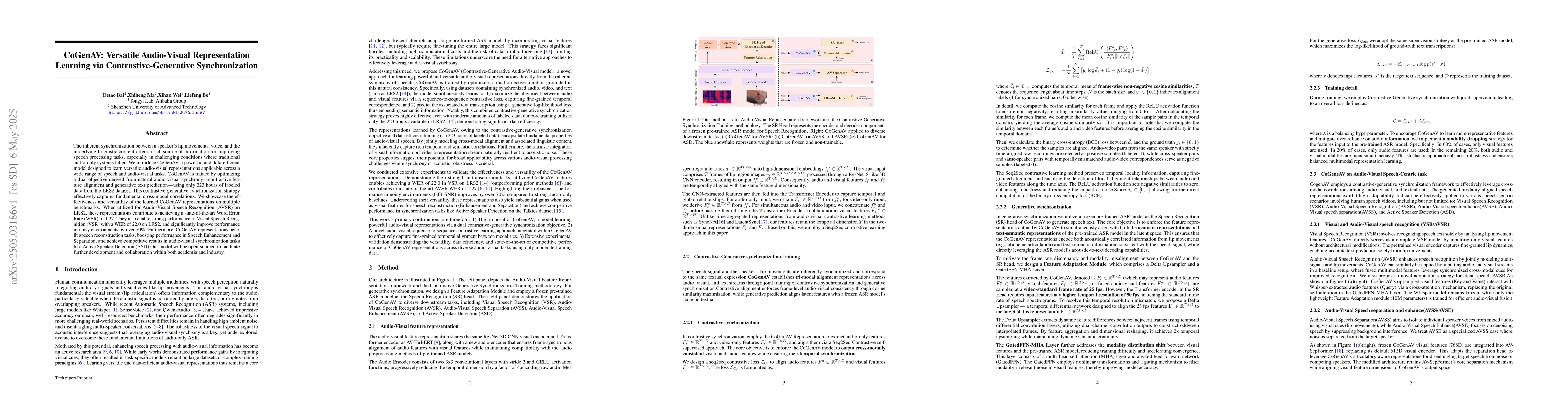 Thumbnail for CoGenAV: Versatile Audio-Visual Representation Learning via
  Contrastive-Generative Synchronization