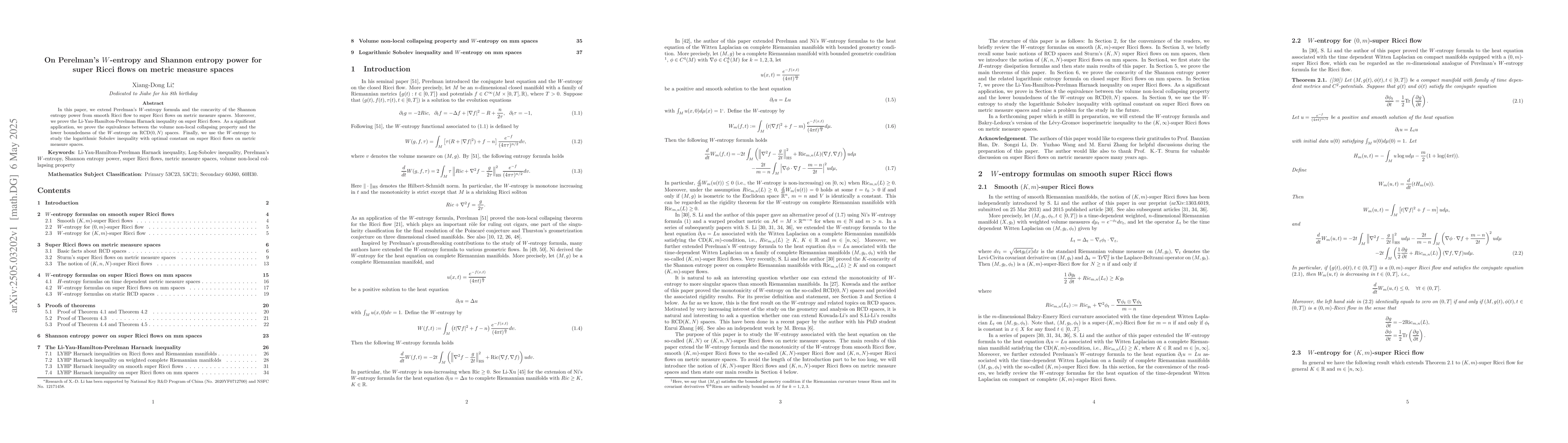 Thumbnail for On Perelman's $W$-entropy and Shannon entropy power for super Ricci
  flows on metric measure spaces
