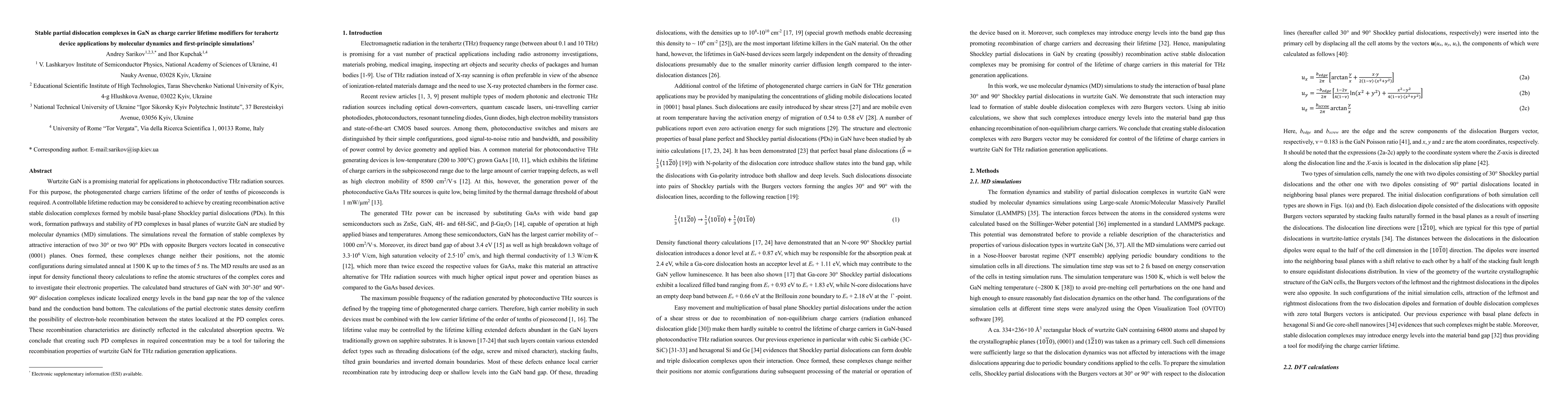 Thumbnail for Stable partial dislocation complexes in GaN as charge carrier lifetime
  modifiers for terahertz device applications by molecular dynamics and
  first-principle simulations
