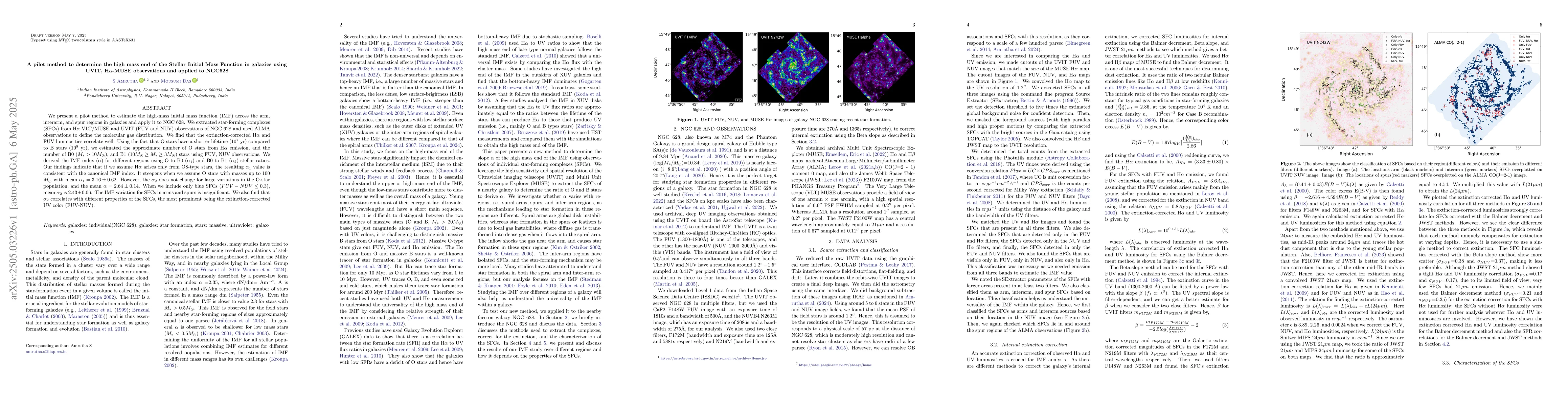 Thumbnail for A pilot method to determine the high mass end of the Stellar Initial
  Mass Function in galaxies using UVIT, H$α$-MUSE observations and applied
  to NGC628