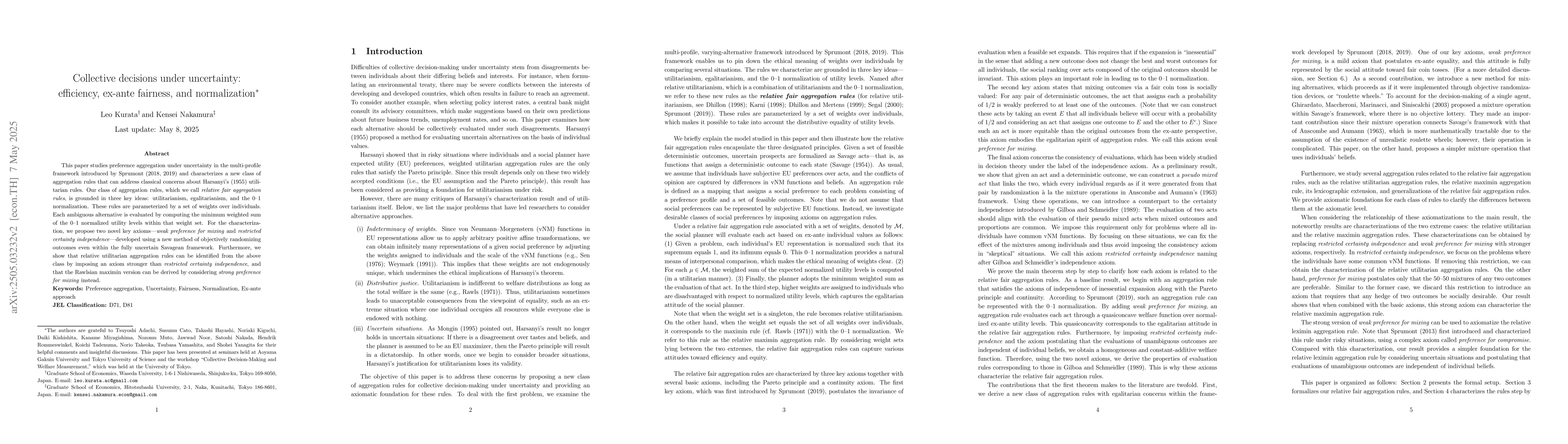 Thumbnail for Collective decisions under uncertainty: efficiency, ex-ante fairness,
  and normalization