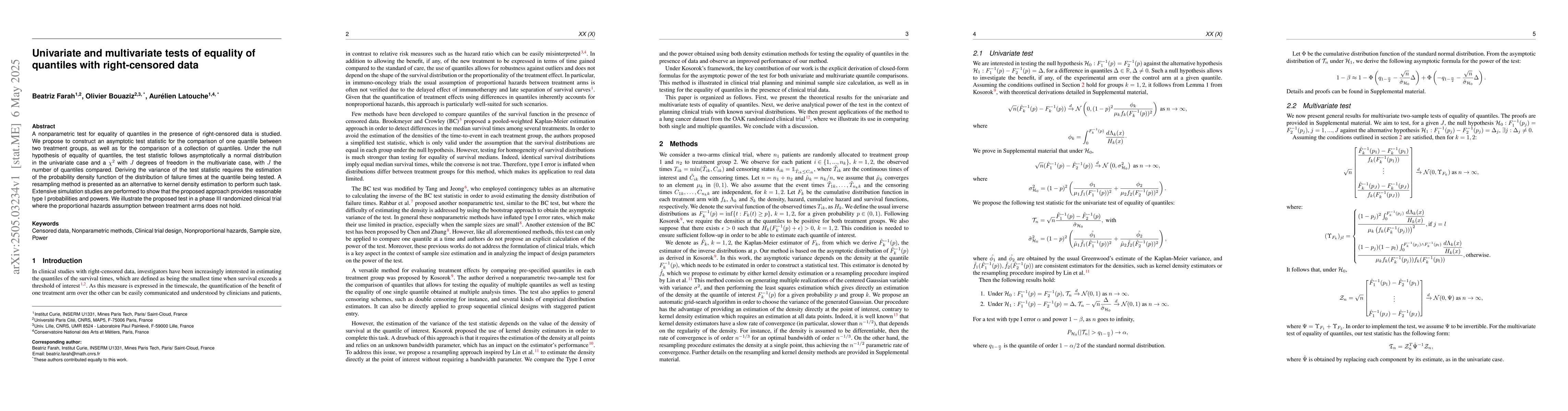 Thumbnail for Univariate and multivariate tests of equality of quantiles with
  right-censored data