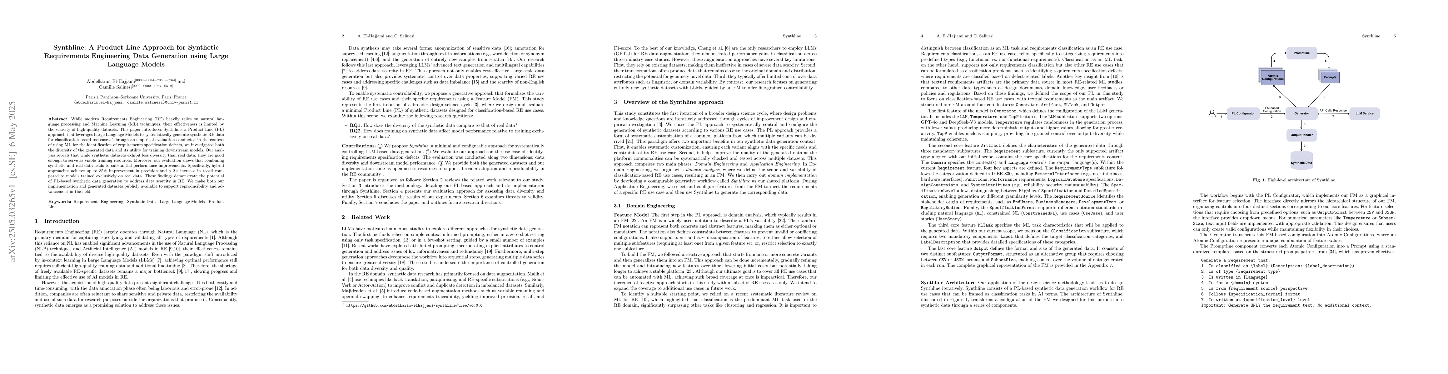 Thumbnail for Synthline: A Product Line Approach for Synthetic Requirements
  Engineering Data Generation using Large Language Models