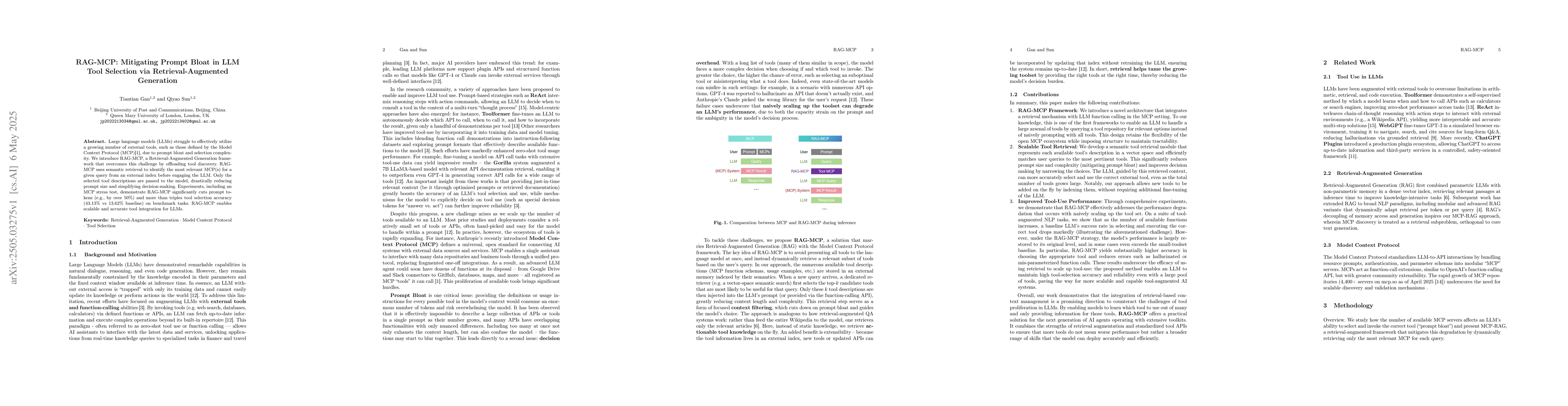 Thumbnail for RAG-MCP: Mitigating Prompt Bloat in LLM Tool Selection via
  Retrieval-Augmented Generation