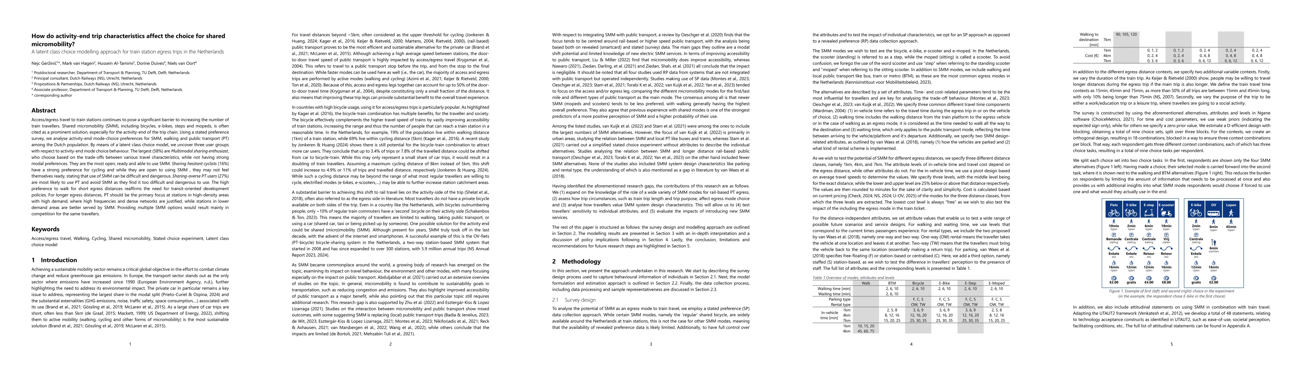 Thumbnail for How do activity-end trip characteristics affect the choice for shared
  micromobility? A latent class choice modelling approach for train station
  egress trips in the Netherlands