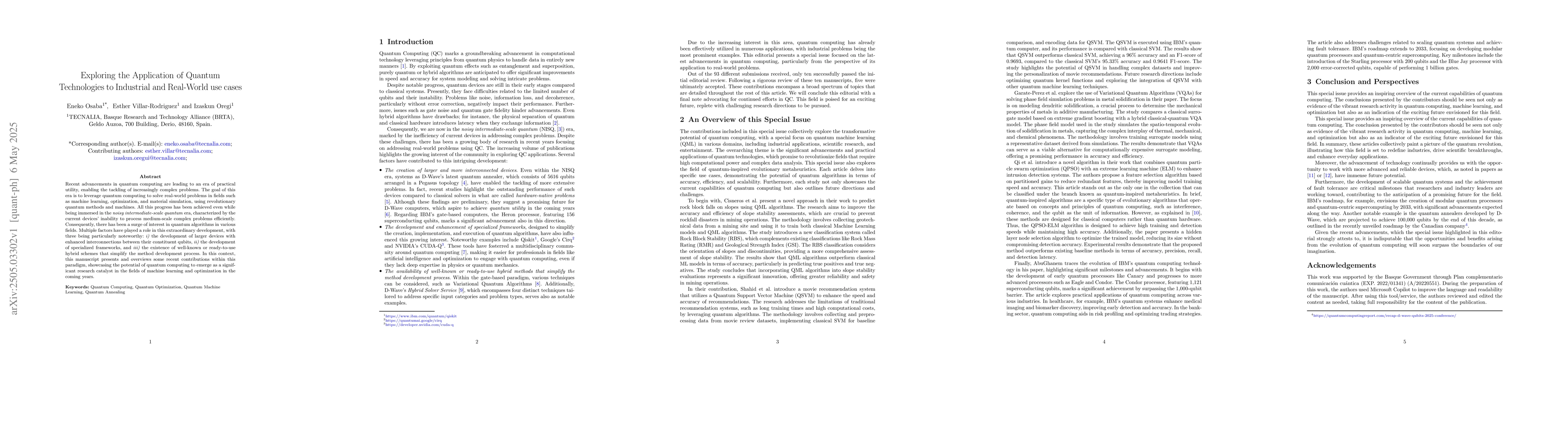 Thumbnail for Exploring the application of quantum technologies to industrial and
  real-world use cases