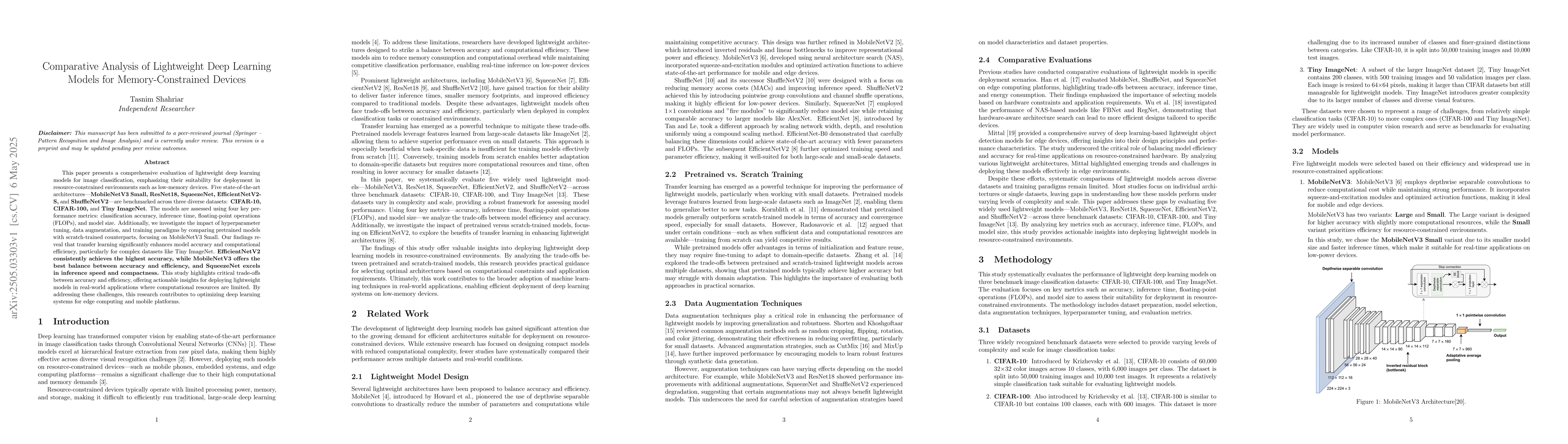 Thumbnail for Comparative Analysis of Lightweight Deep Learning Models for
  Memory-Constrained Devices
