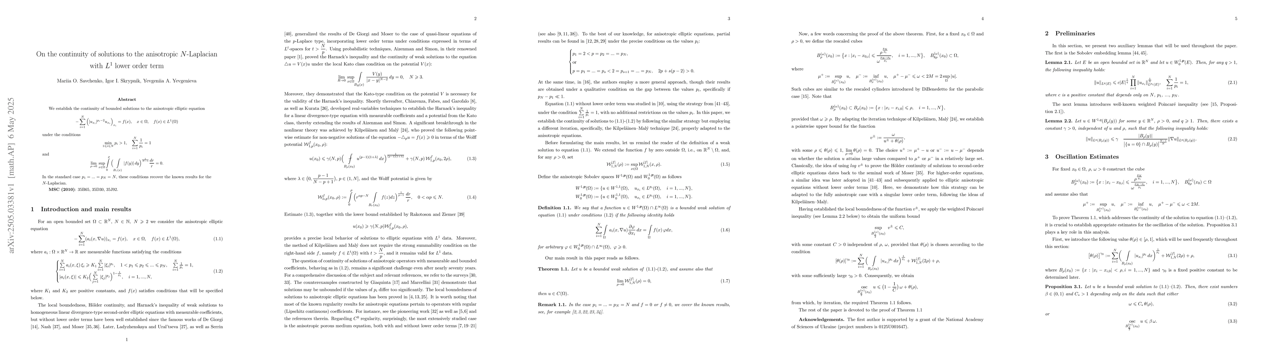 Thumbnail for On the continuity of solutions to the anisotropic $N$-Laplacian with
  $L^1$ lower order term