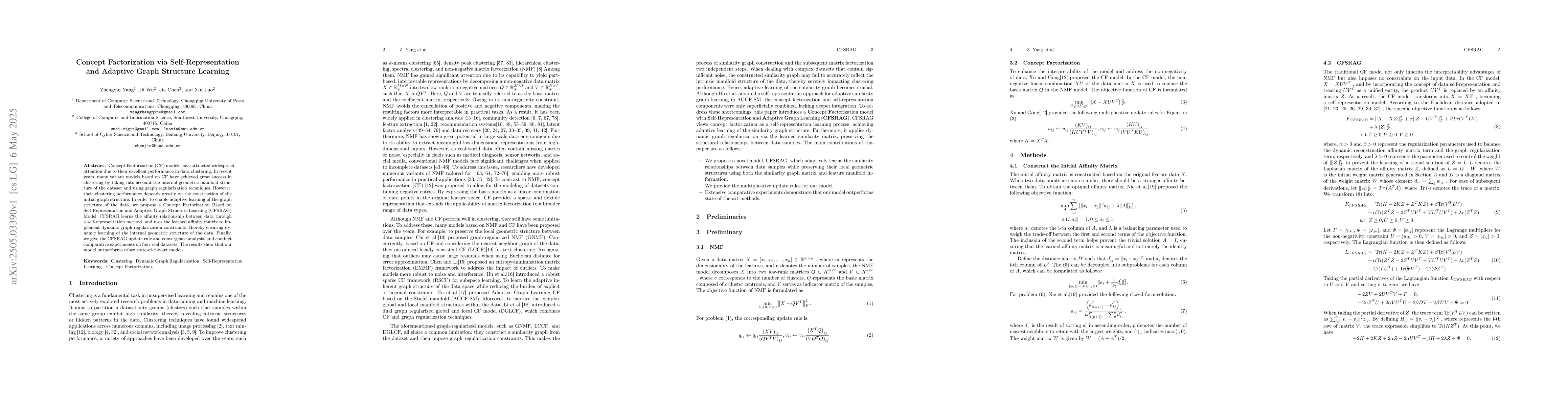 Thumbnail for Concept Factorization via Self-Representation and Adaptive Graph
  Structure Learning