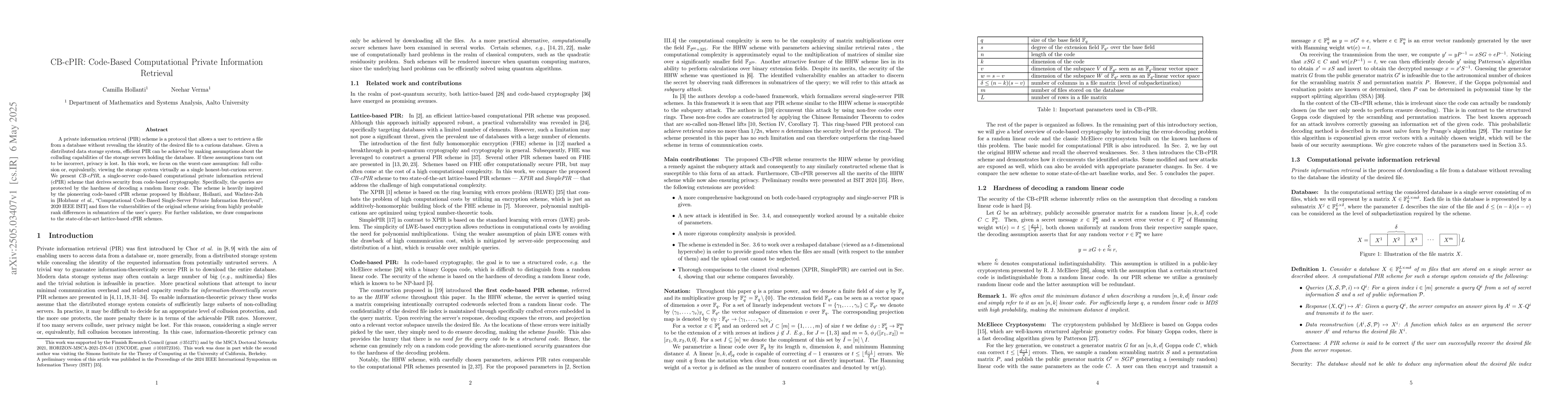 Thumbnail for CB-cPIR: Code-Based Computational Private Information Retrieval
