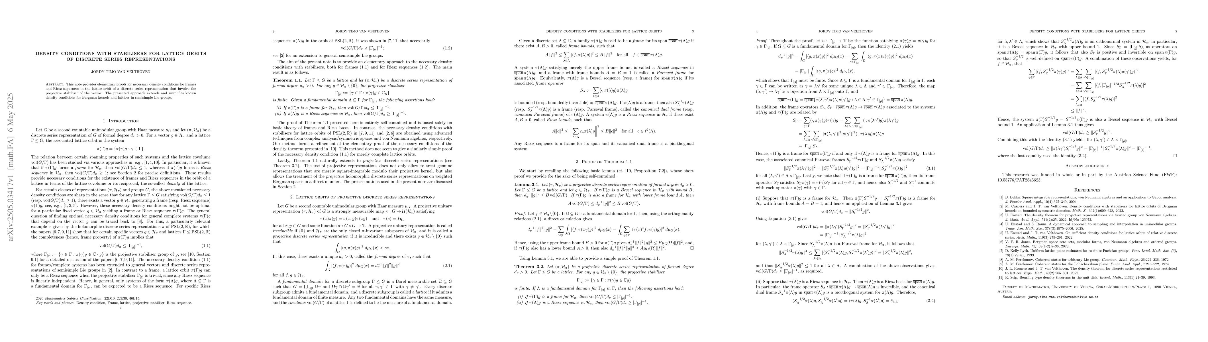 Thumbnail for Density conditions with stabilisers for lattice orbits of discrete
  series representations