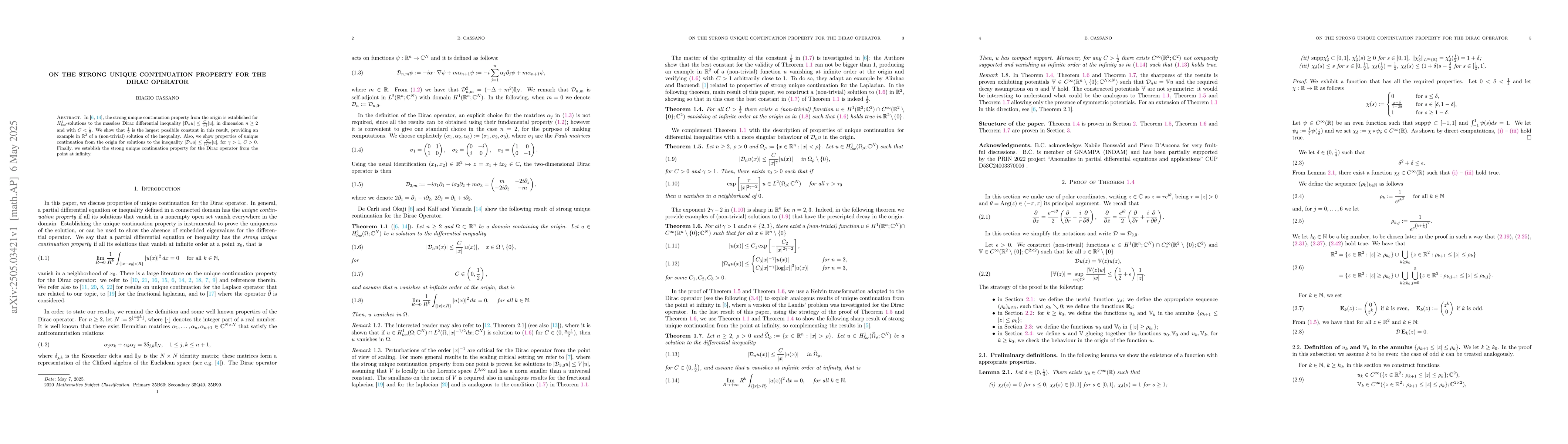 Thumbnail for On the strong unique continuation property for the Dirac operator