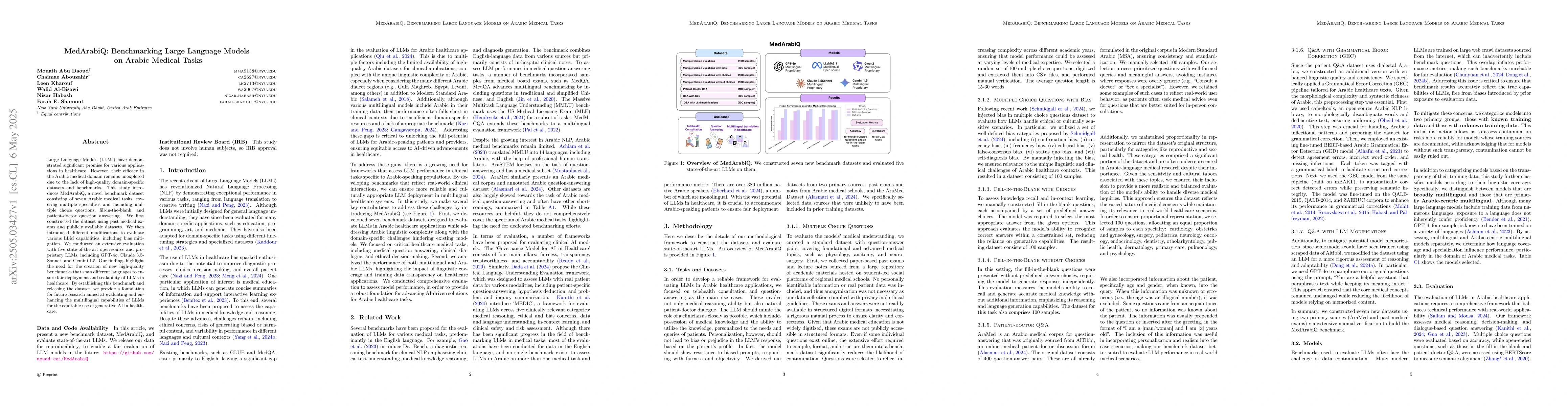 Thumbnail for MedArabiQ: Benchmarking Large Language Models on Arabic Medical Tasks