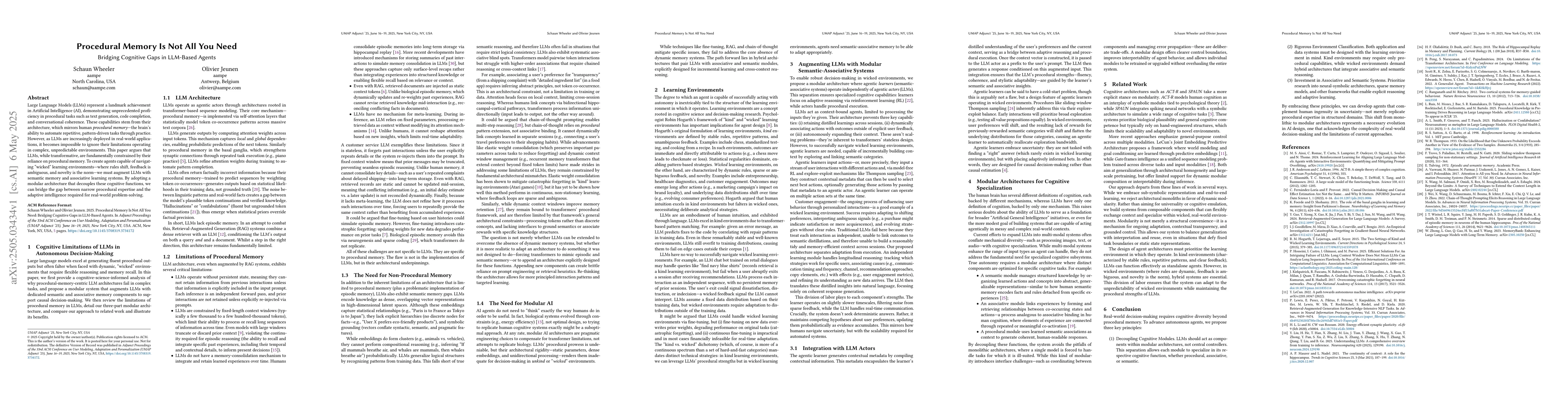 Thumbnail for Procedural Memory Is Not All You Need: Bridging Cognitive Gaps in
  LLM-Based Agents