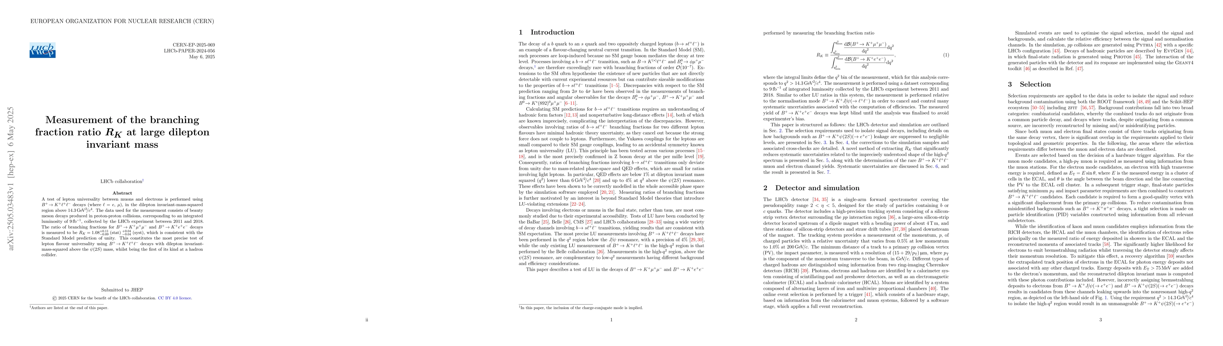 Thumbnail for Measurement of the branching fraction ratio $R_K$ at large dilepton
  invariant mass