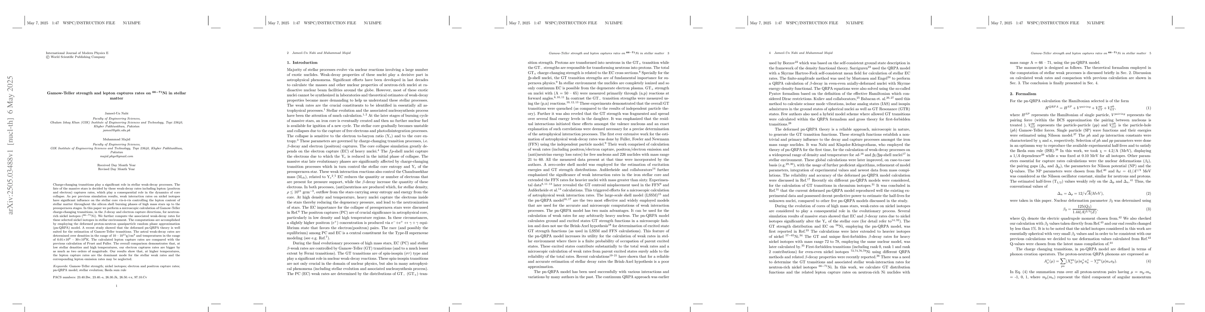 Thumbnail for Gamow-Teller strength and lepton captures rates on 66-71Ni in stellar
  matter