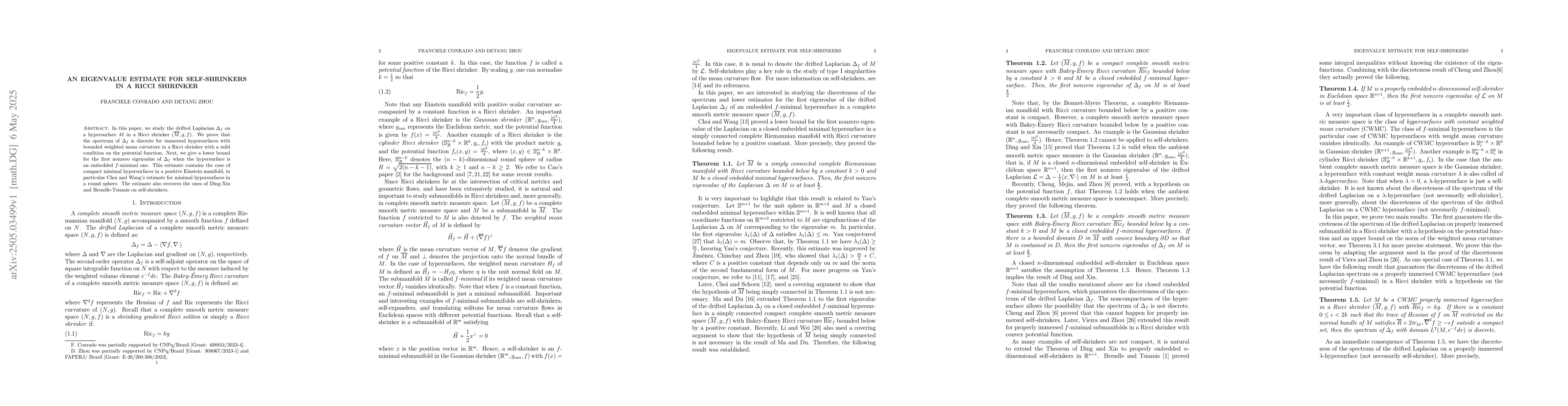 Thumbnail for An eigenvalue estimate for self-shrinkers in a Ricci shirinker