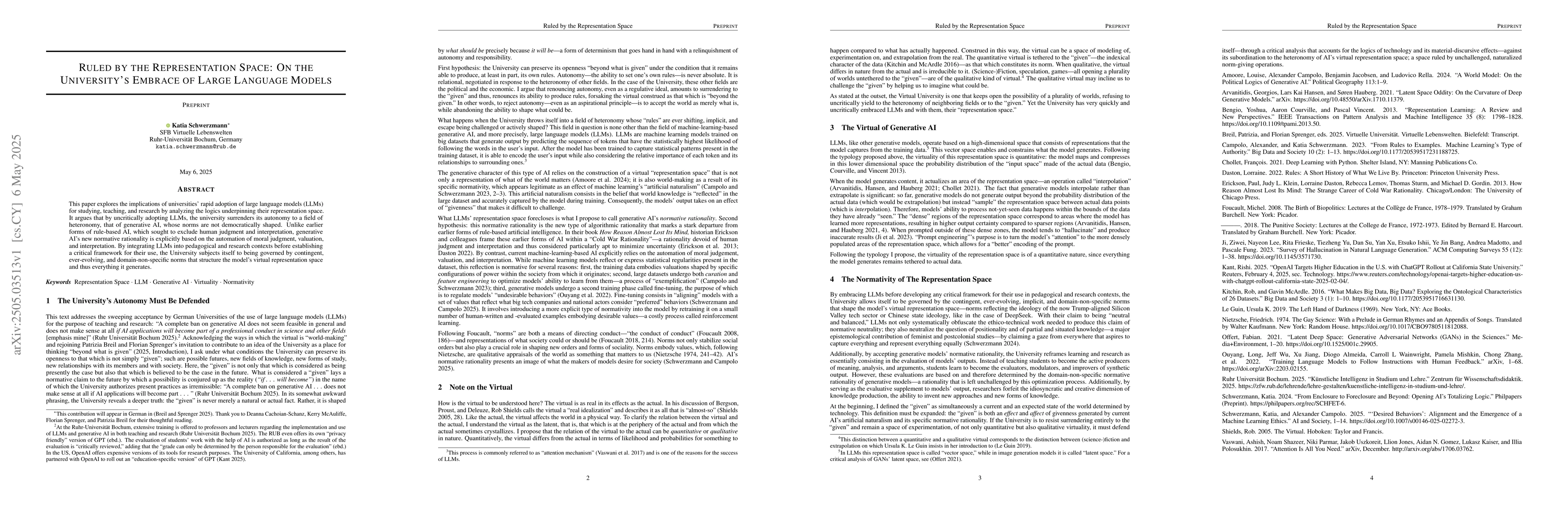 Thumbnail for Ruled by the Representation Space: On the University's Embrace of Large
  Language Models