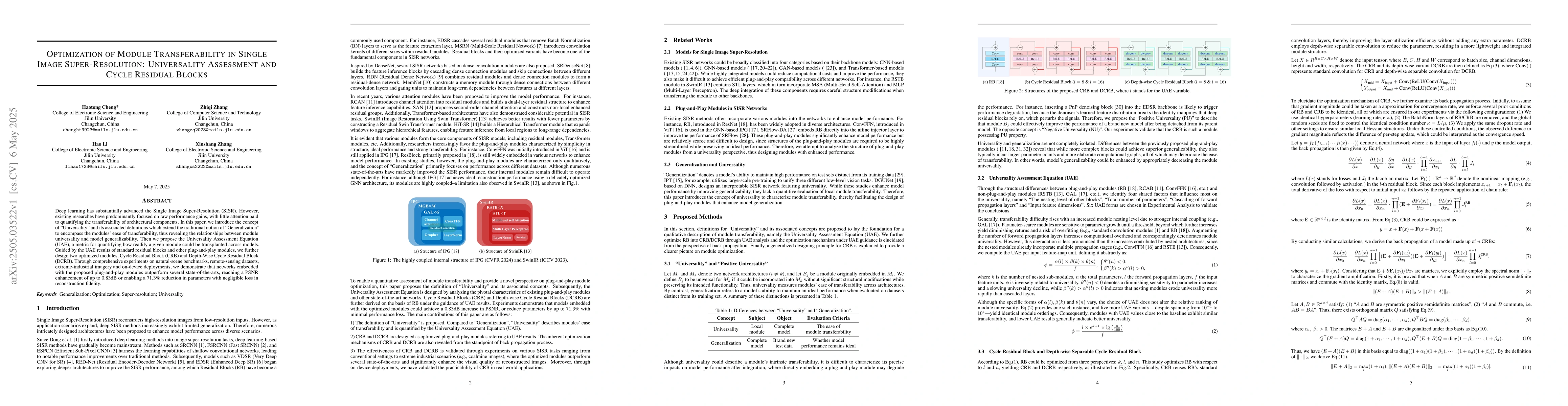 Thumbnail for Optimization of Module Transferability in Single Image Super-Resolution:
  Universality Assessment and Cycle Residual Blocks