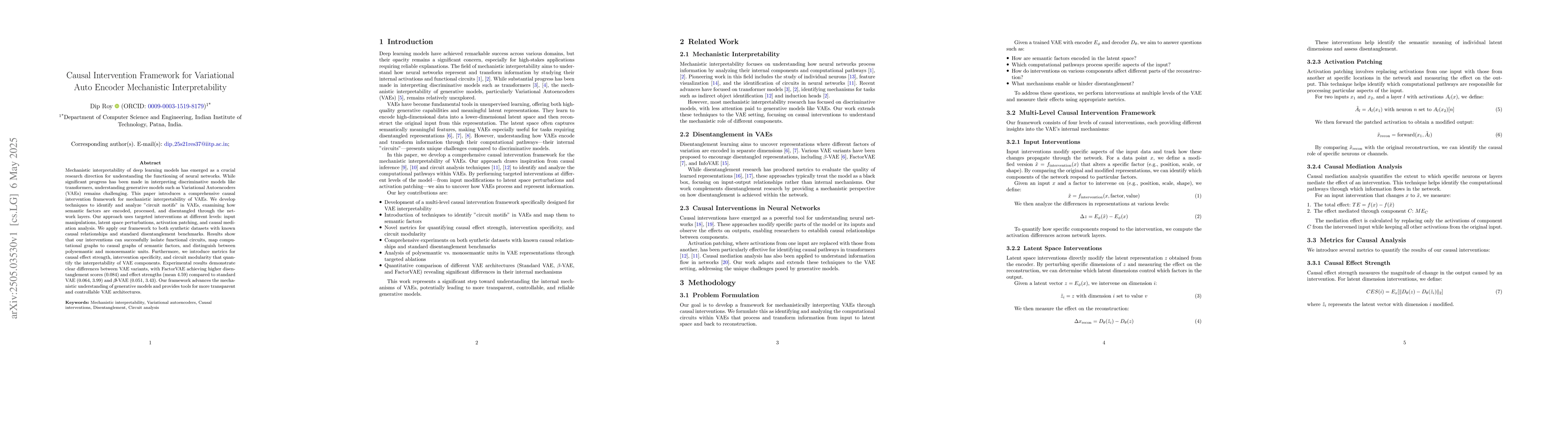Thumbnail for Causal Intervention Framework for Variational Auto Encoder Mechanistic
  Interpretability