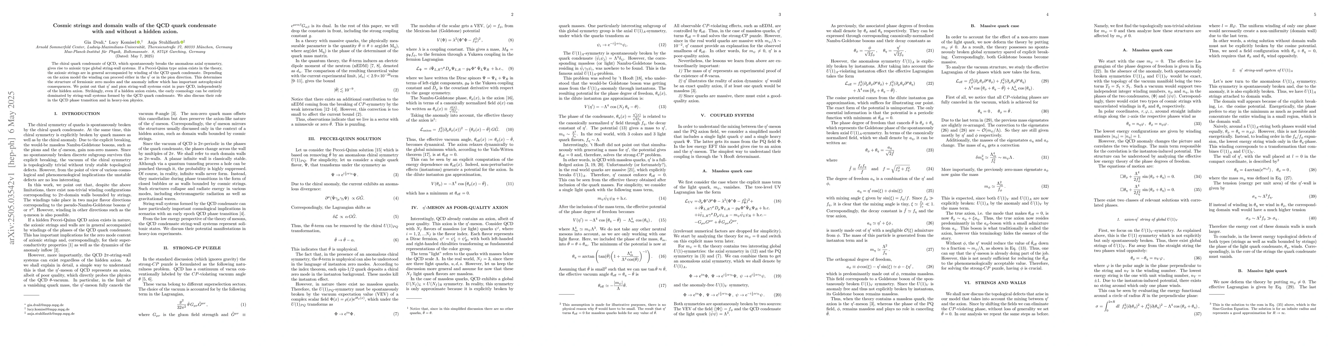 Thumbnail for Cosmic strings and domain walls of the QCD quark condensate with and
  without a hidden axion