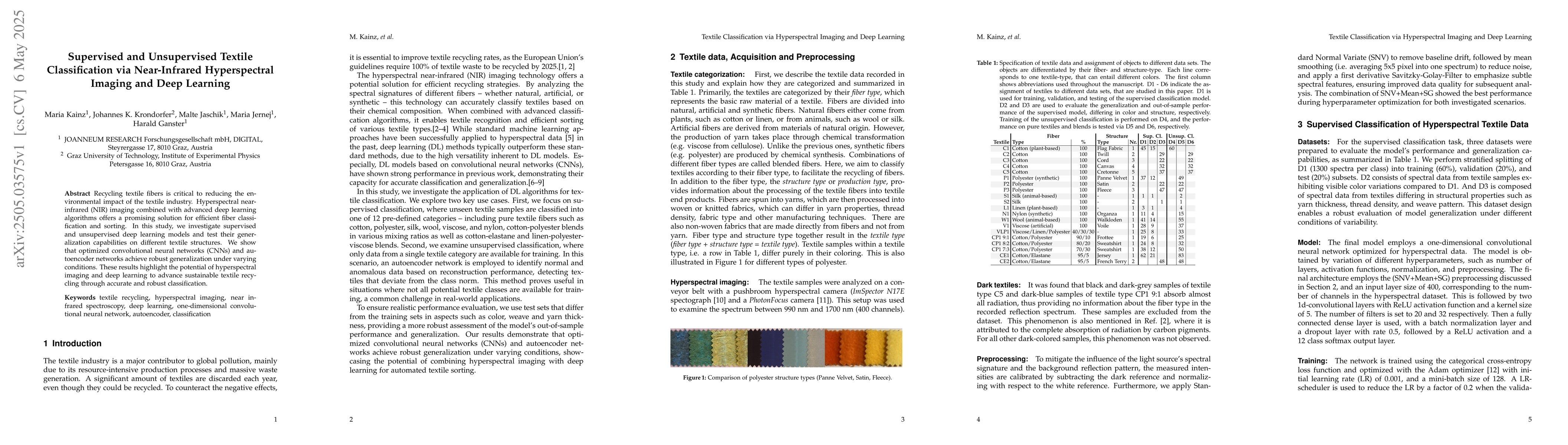 Thumbnail for Supervised and Unsupervised Textile Classification via Near-Infrared
  Hyperspectral Imaging and Deep Learning