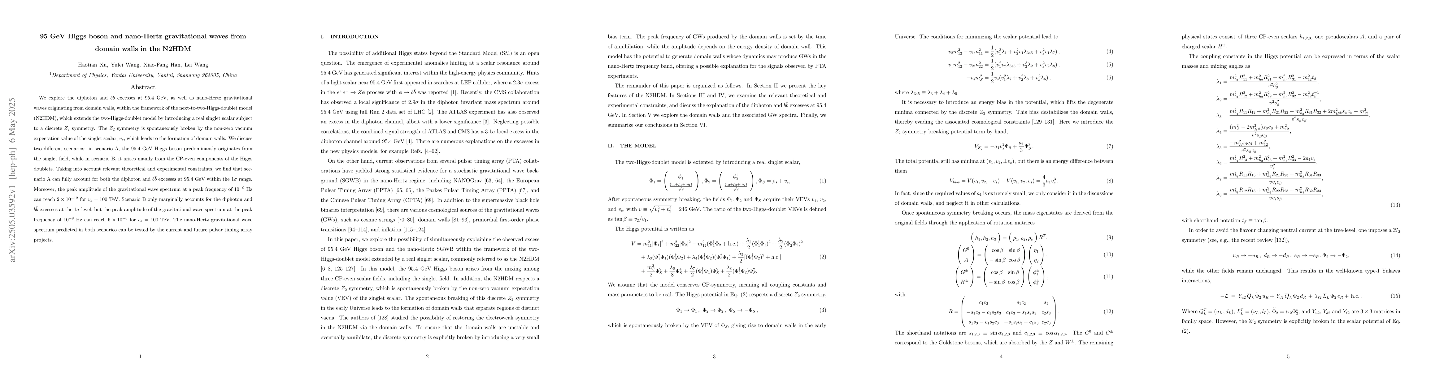 Thumbnail for 95 GeV Higgs boson and nano-Hertz gravitational waves from domain walls
  in the N2HDM