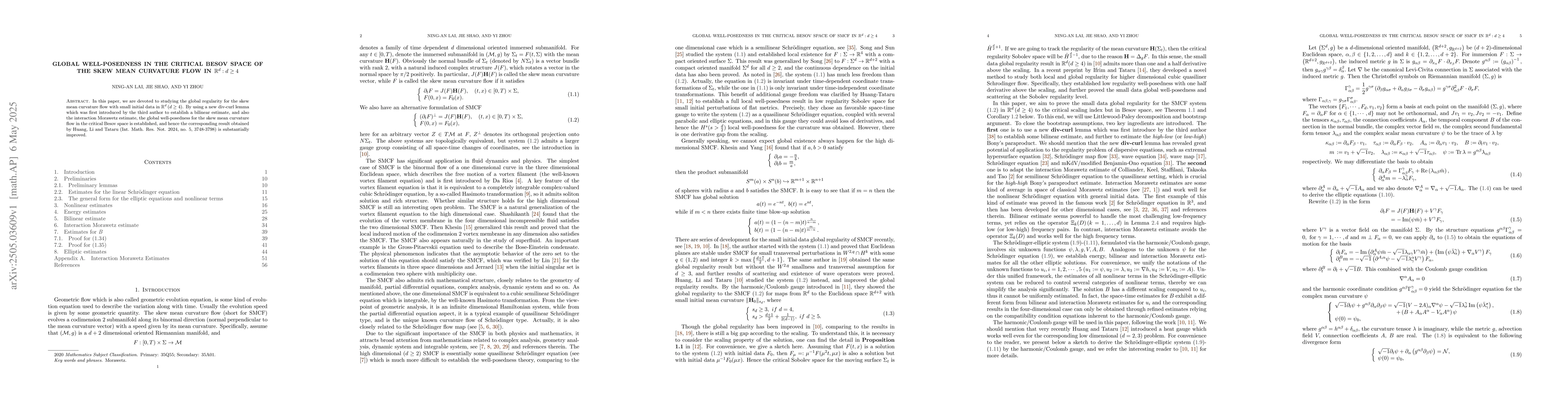 Thumbnail for Global well-posedness in the critical Besov space of the skew mean
  curvature flow in $\mathbb{R}^d: d\geq 4$