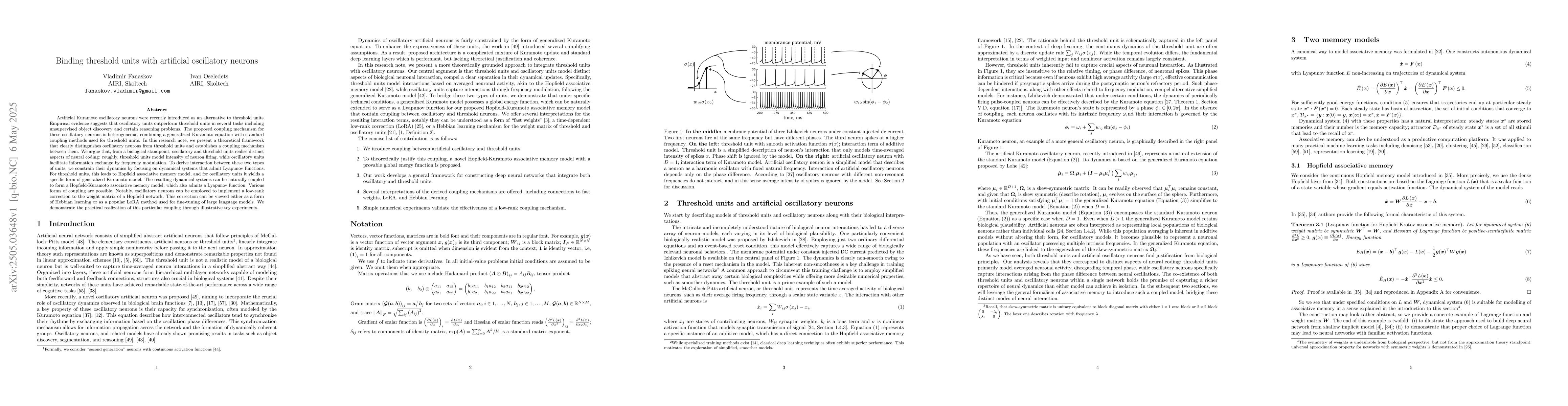 Thumbnail for Binding threshold units with artificial oscillatory neurons