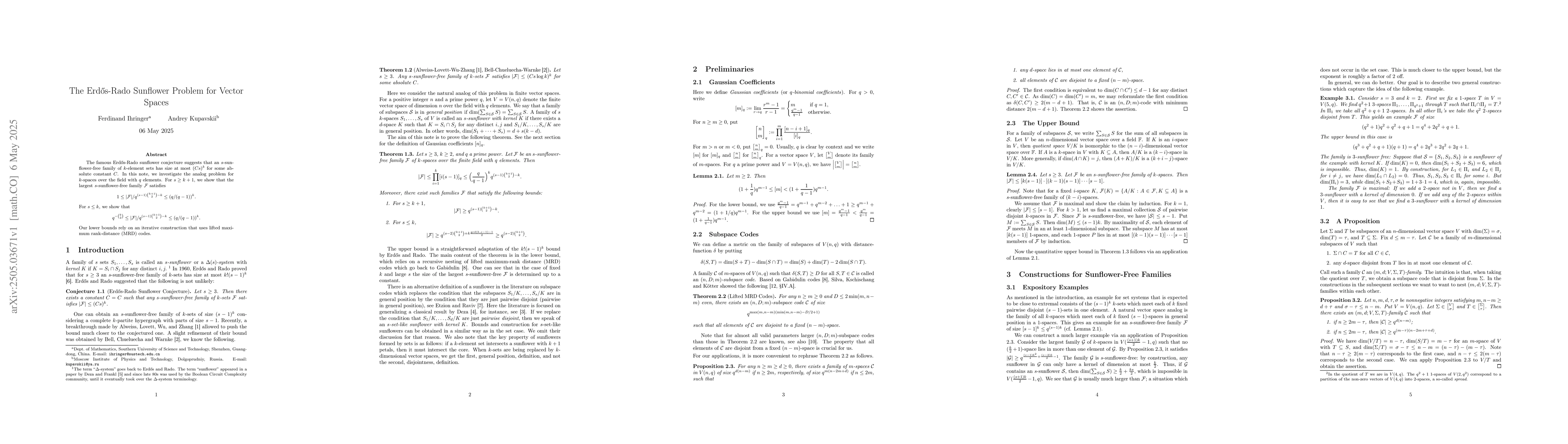 Thumbnail for The Erdős-Rado Sunflower Problem for Vector Spaces